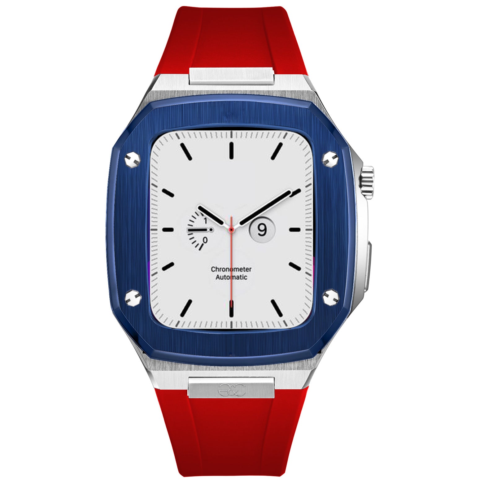 44mm Apple Watch Blue on Silver Steel case (Silicone band) - Gold & Cherry