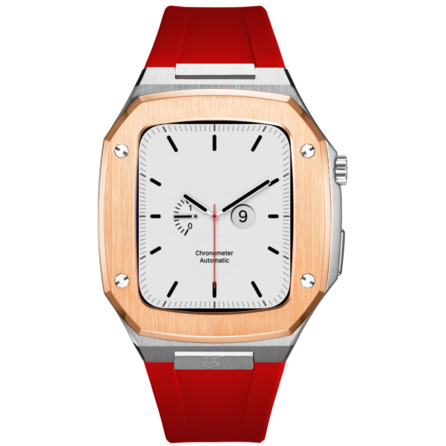 44/45mm Apple Watch R.Gold on Silver Steel case (Silicone band) - Gold & Cherry