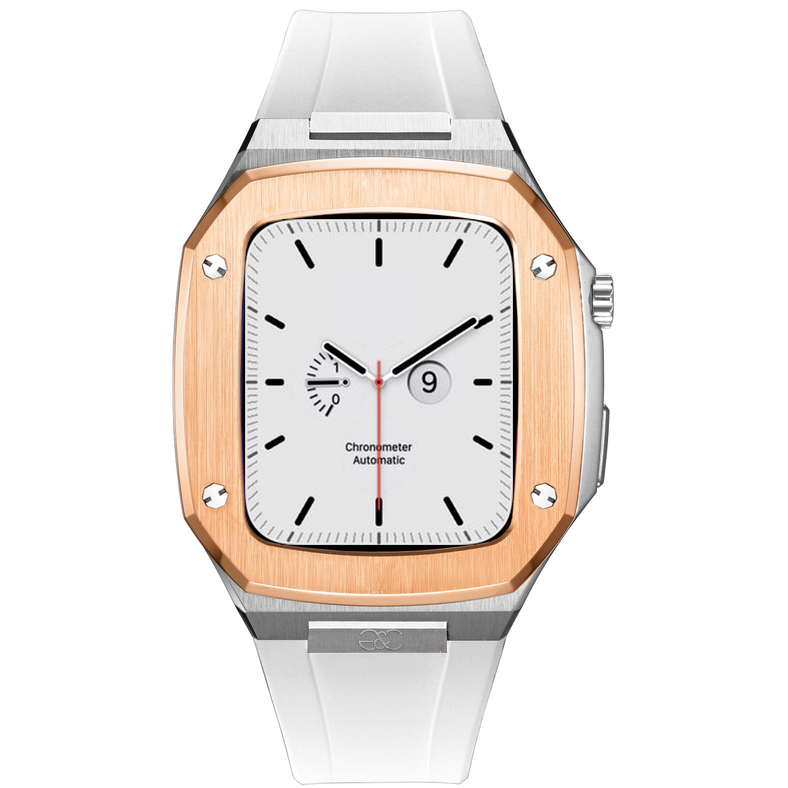 44/45mm Apple Watch R.Gold on Silver Steel case (Silicone band) - Gold & Cherry