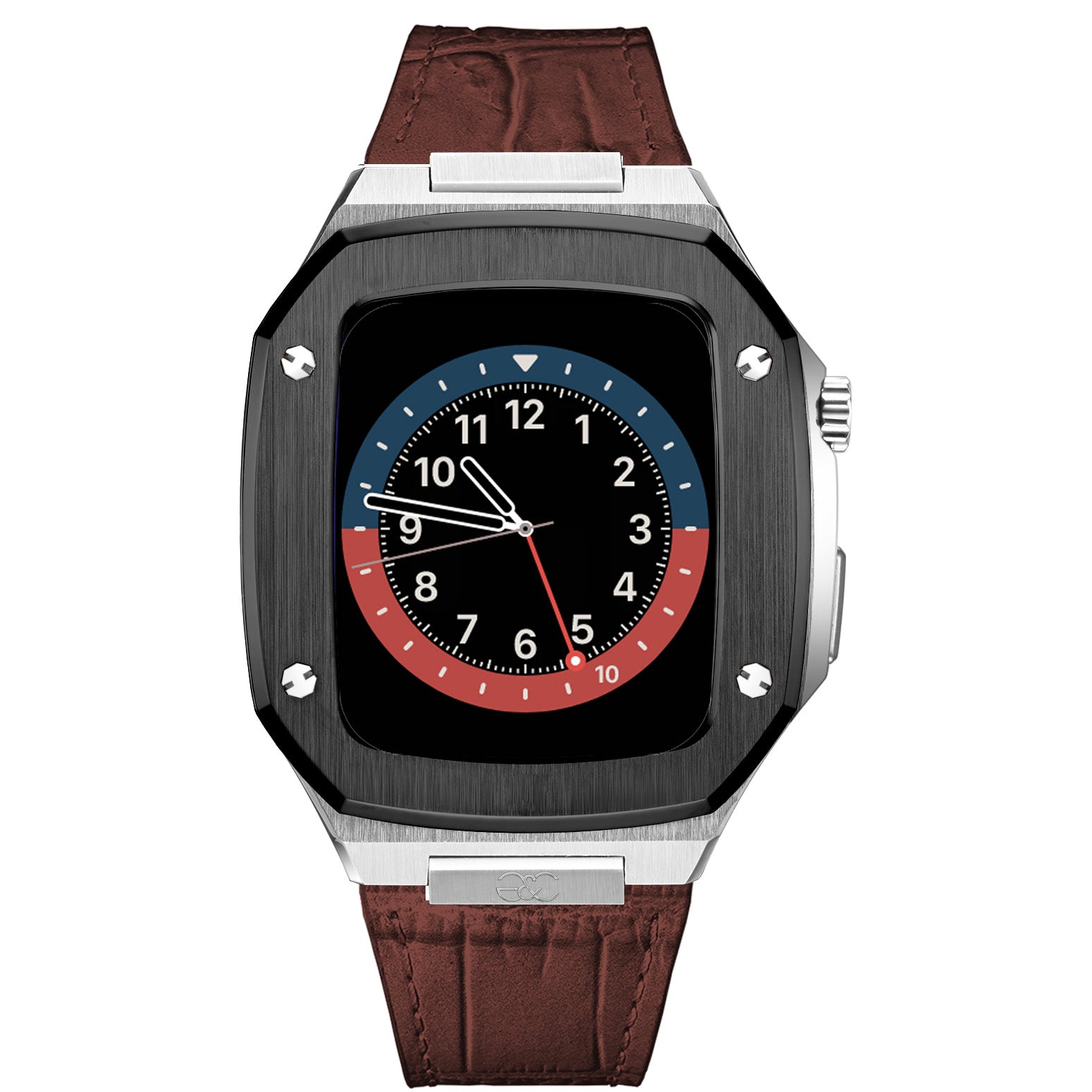 Apple Watch Black on Silver Steel case (Leather band) - Gold & Cherry