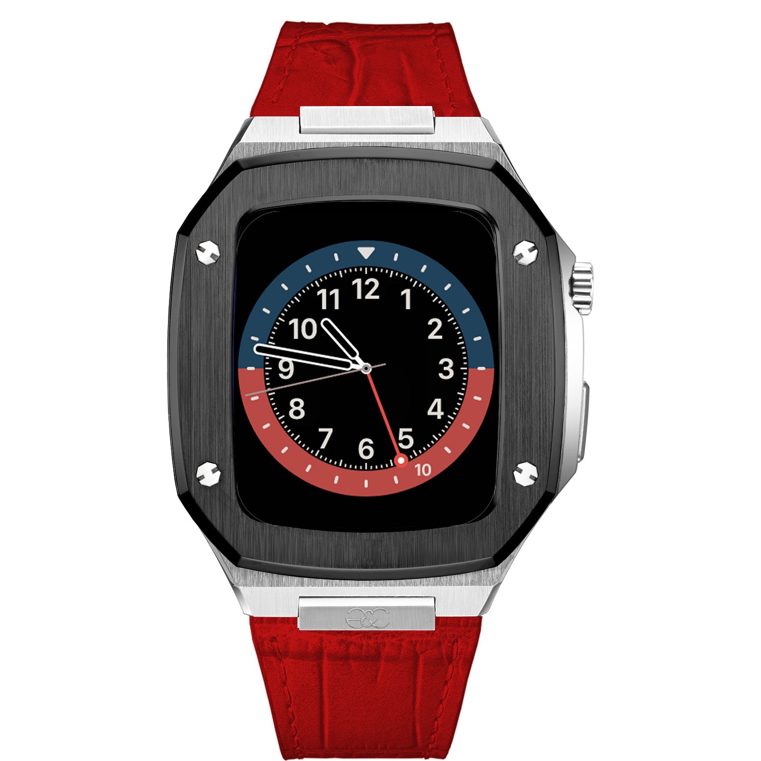 Apple Watch Black on Silver Steel case (Leather band) - Gold & Cherry