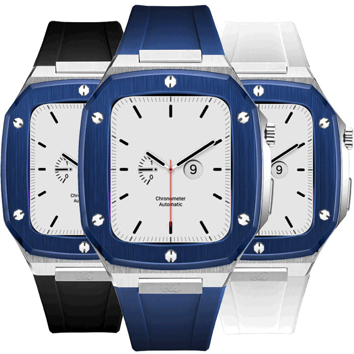 44mm Apple Watch Blue on Silver Steel case (Silicone band) - Gold & Cherry
