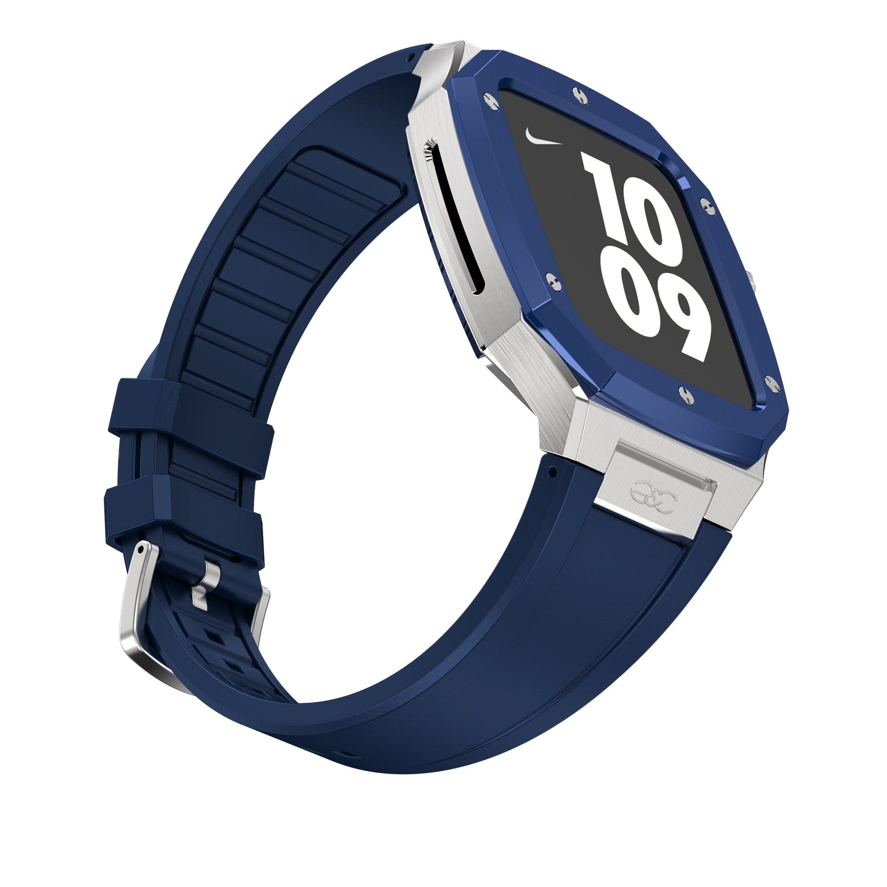 44mm Apple Watch Blue on Silver Steel case (Silicone band) - Gold & Cherry