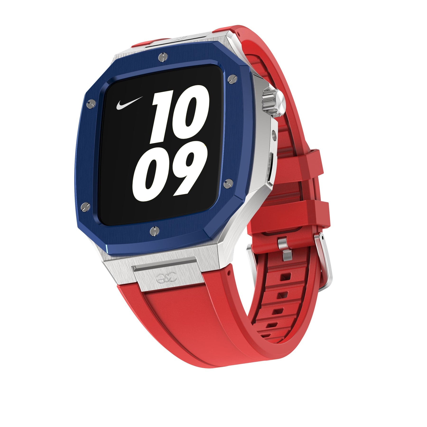 44mm Apple Watch Blue on Silver Steel case (Silicone band) - Gold & Cherry