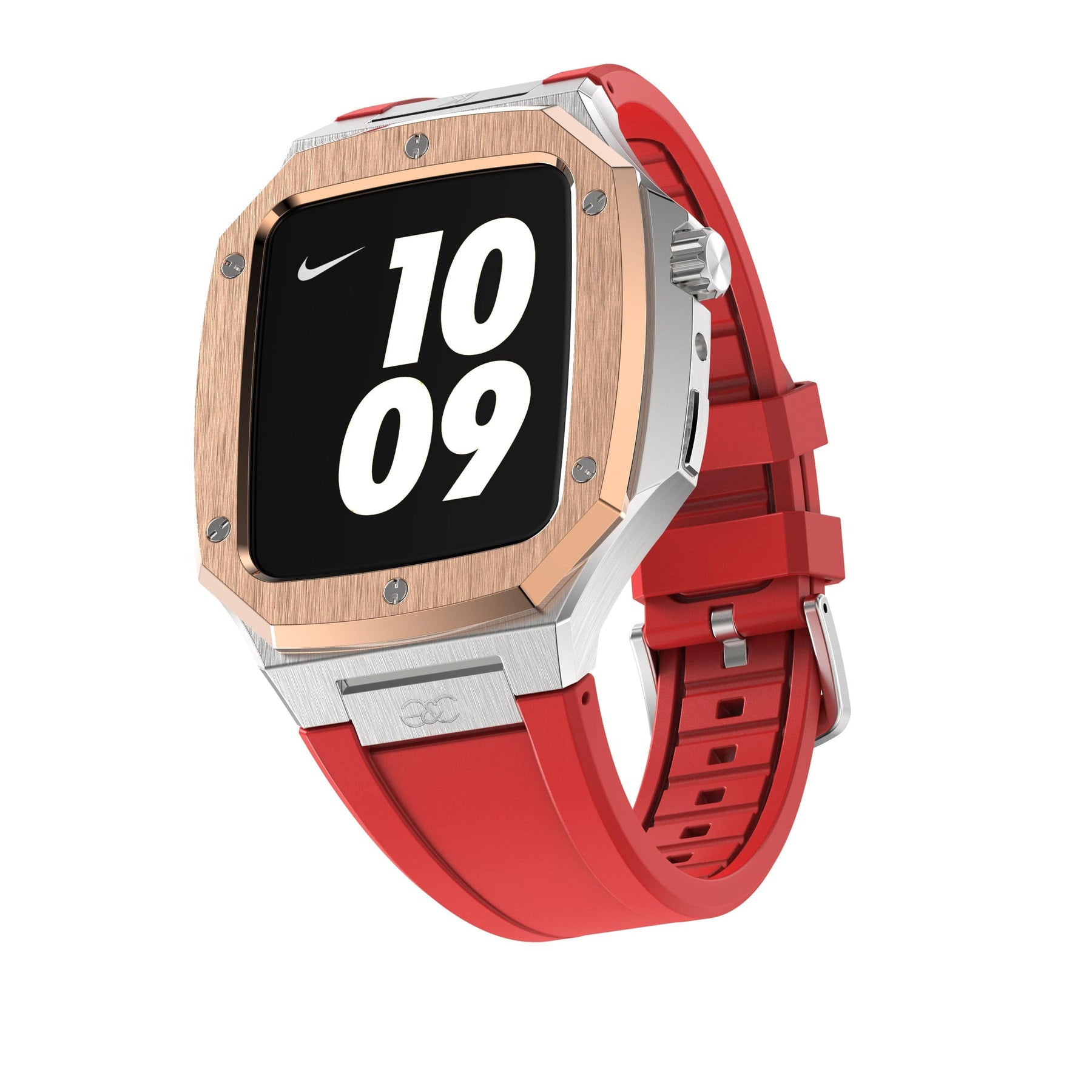 44/45mm Apple Watch R.Gold on Silver Steel case (Silicone band) - Gold & Cherry