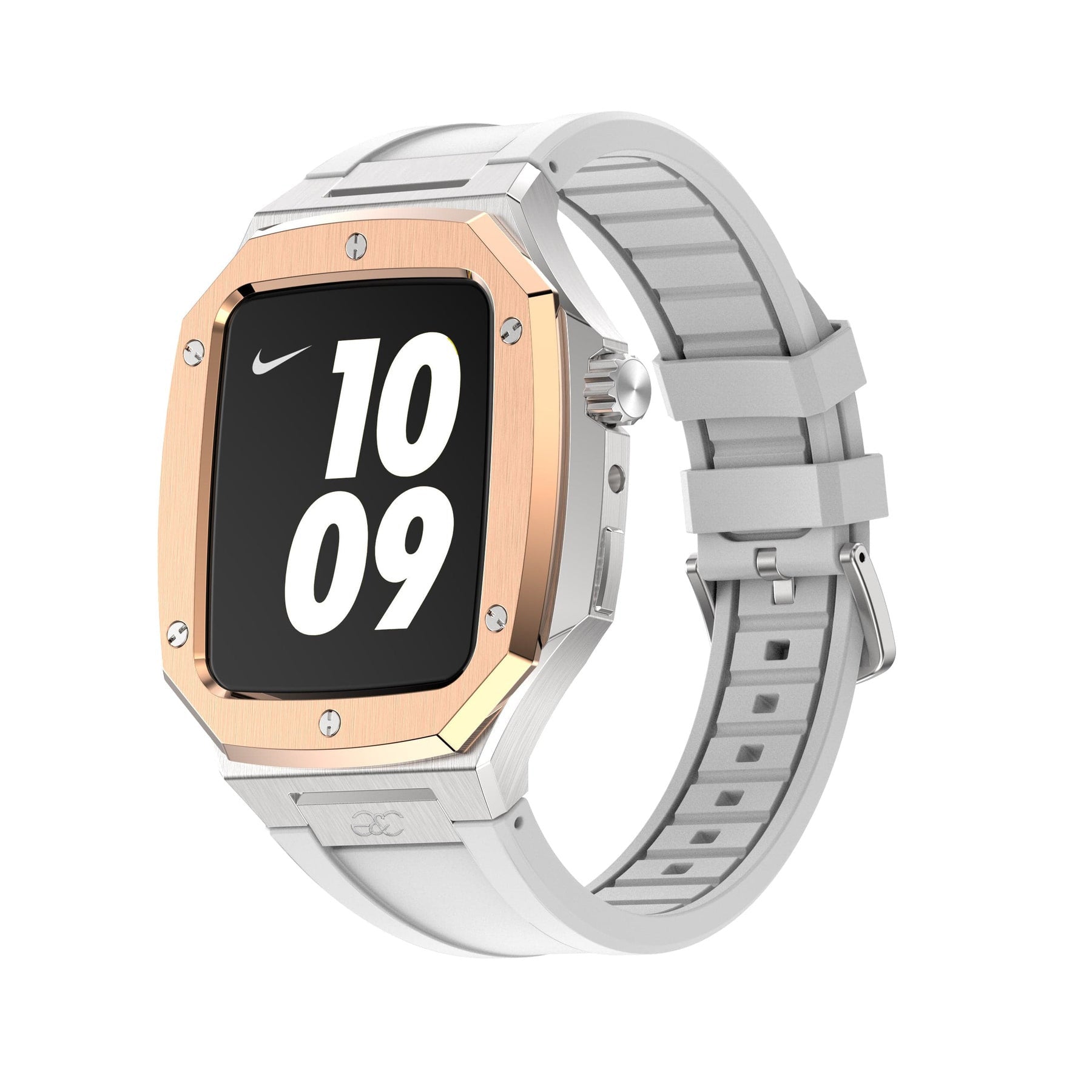44/45mm Apple Watch R.Gold on Silver Steel case (Silicone band) - Gold & Cherry