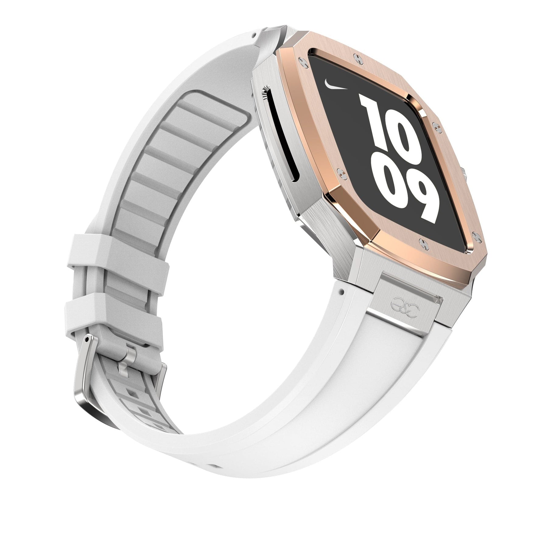 44/45mm Apple Watch R.Gold on Silver Steel case (Silicone band) - Gold & Cherry