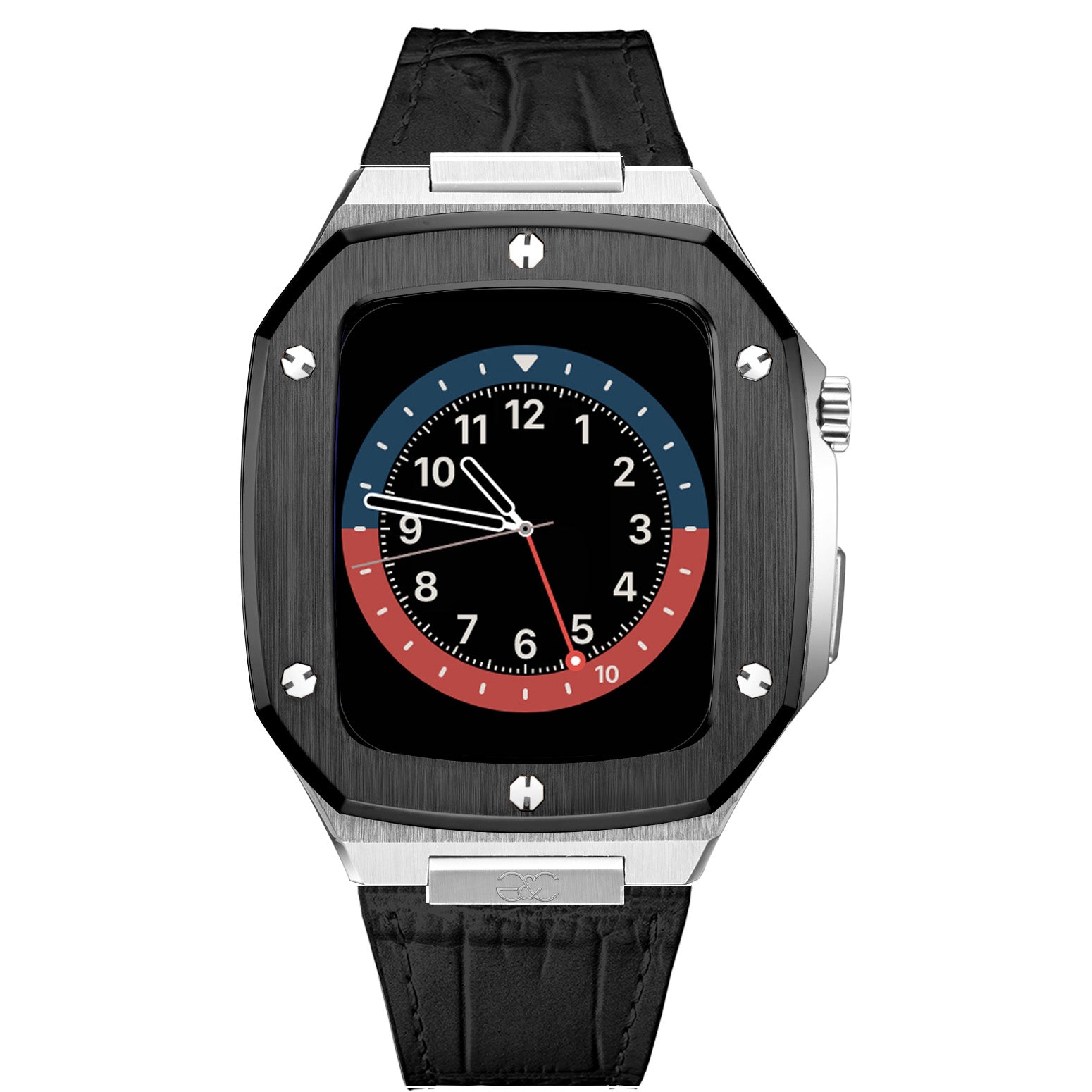Apple Watch Black on Silver Steel case (Leather band) - Gold & Cherry