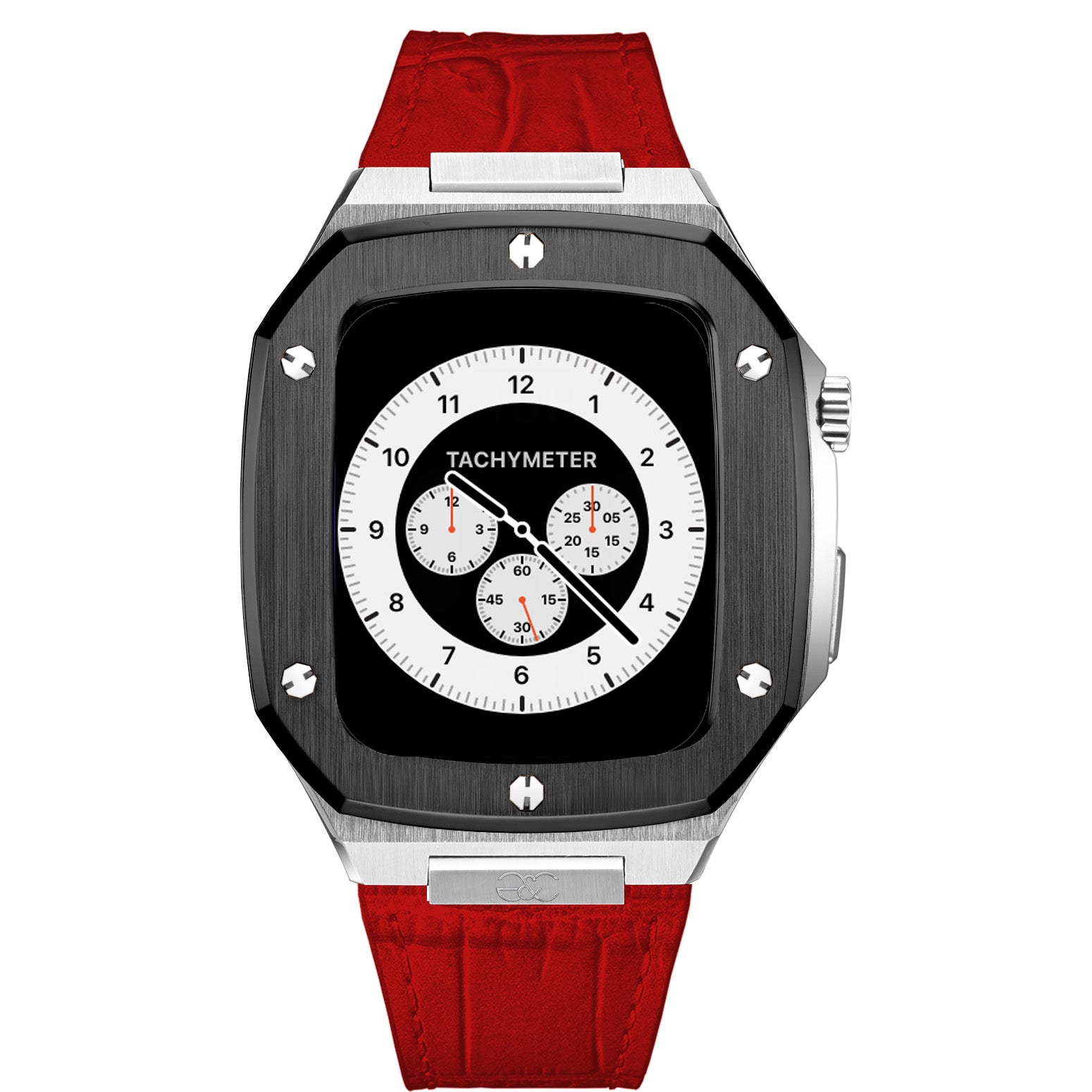 Apple Watch Black on Silver Steel case (Leather band) - Gold & Cherry