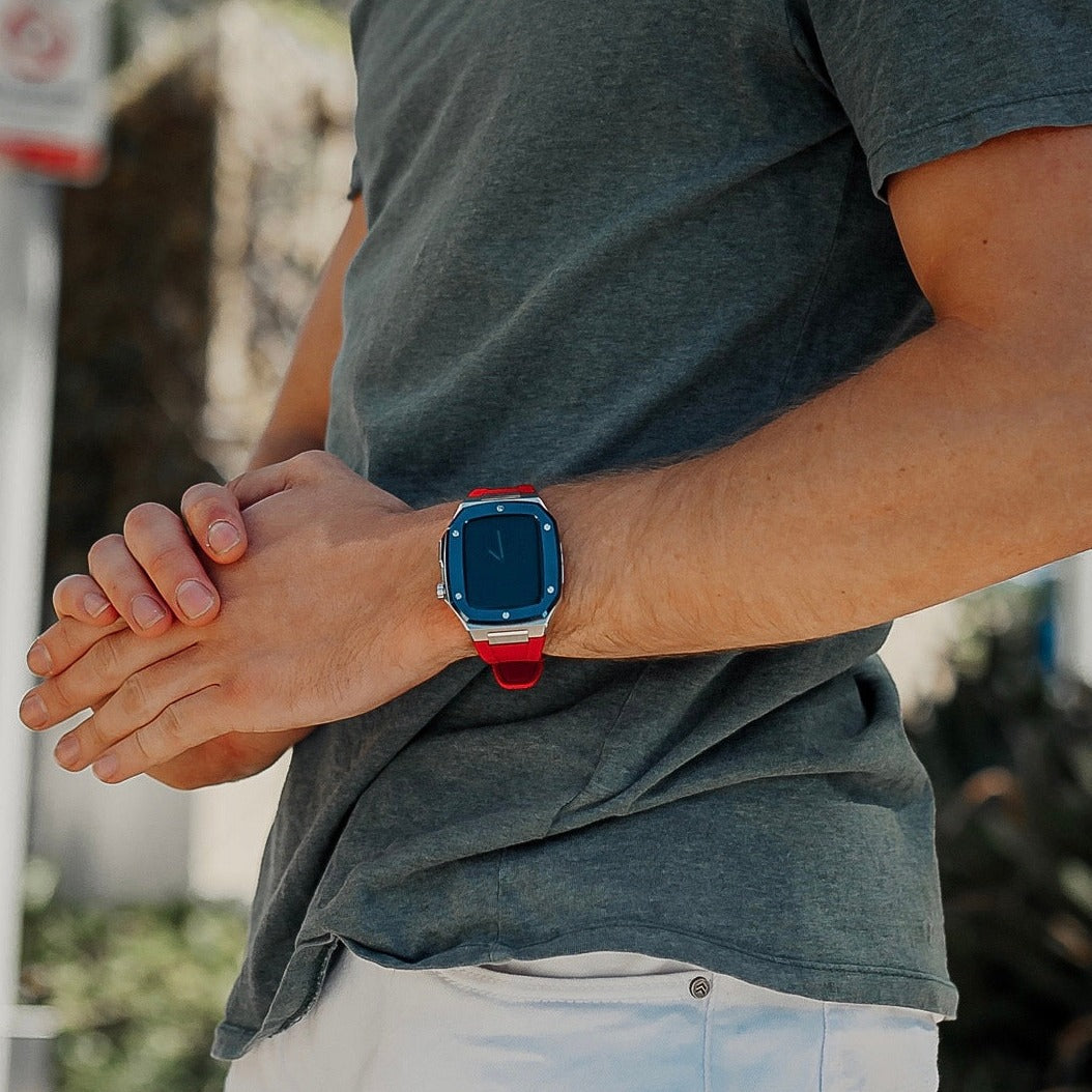 44mm Apple Watch Blue on Silver Steel case (Silicone band) - Gold & Cherry