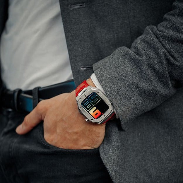 Apple Watch Silver Steel case (Leather band) - Gold & Cherry